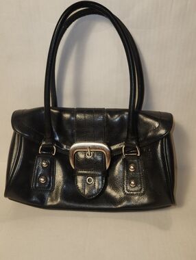 VTG Y2k Faux Black Leather Silver Buckle Satchel Handbag Purse Bag D'margeaux